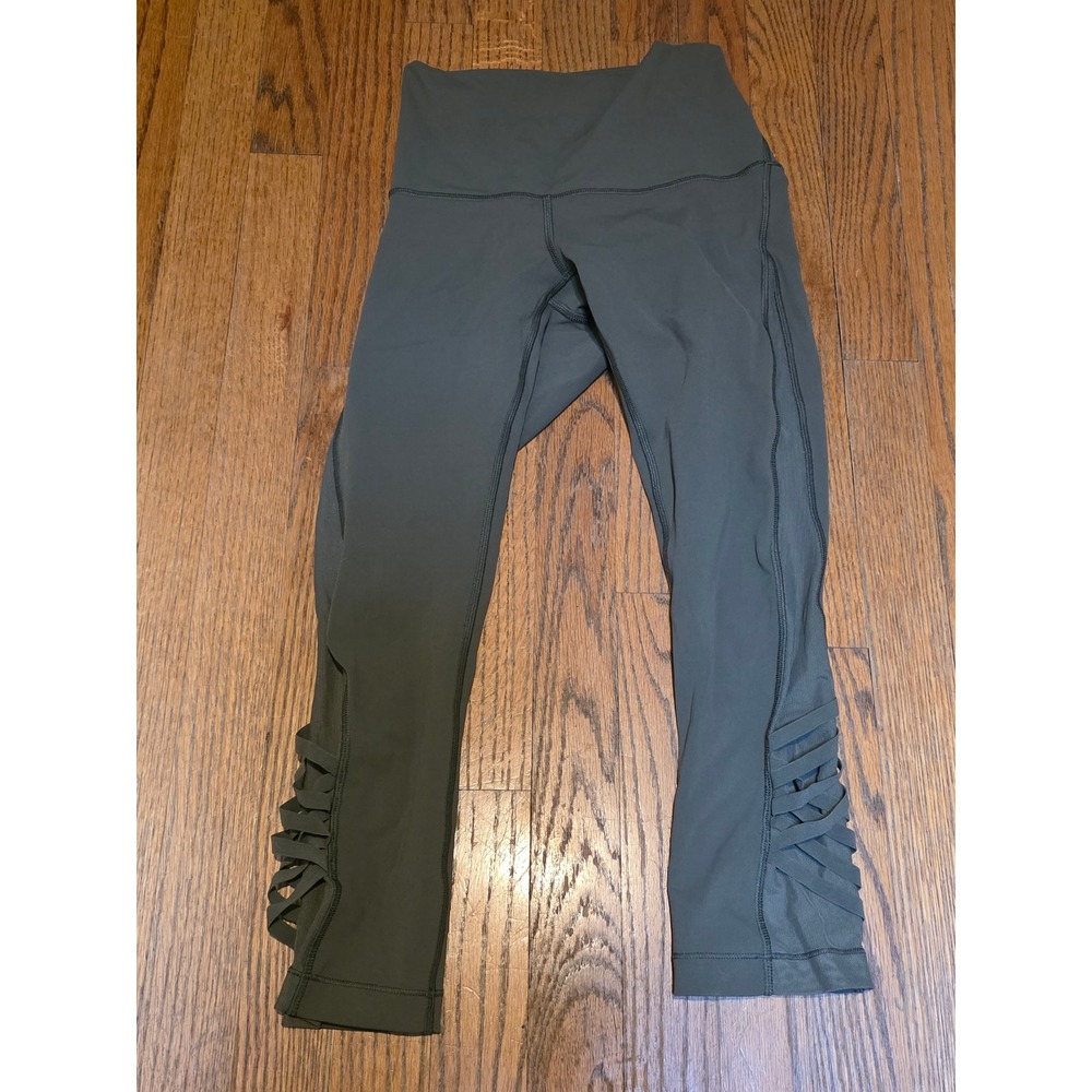Lululemon High Times Pant 7/8 Leggings Strappy Mesh Cuffs Olive Green Size 4